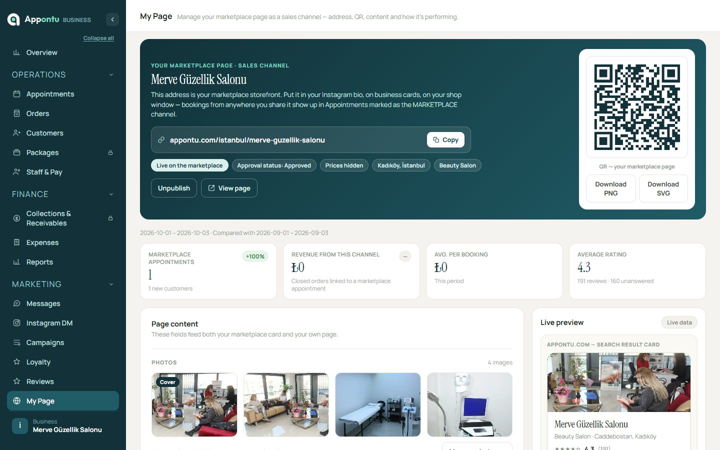 Appontu business panel - Your booking page